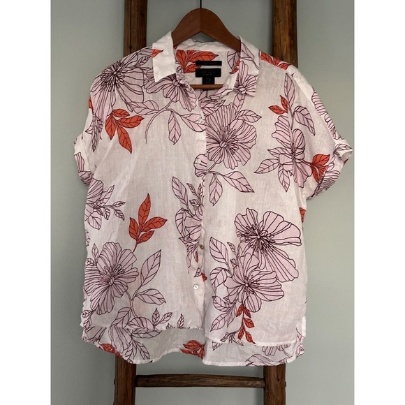 Rachel Roy Linen Floral Button Down Short Sleeve Top, White Pink, Size M - Picture 1 of 4